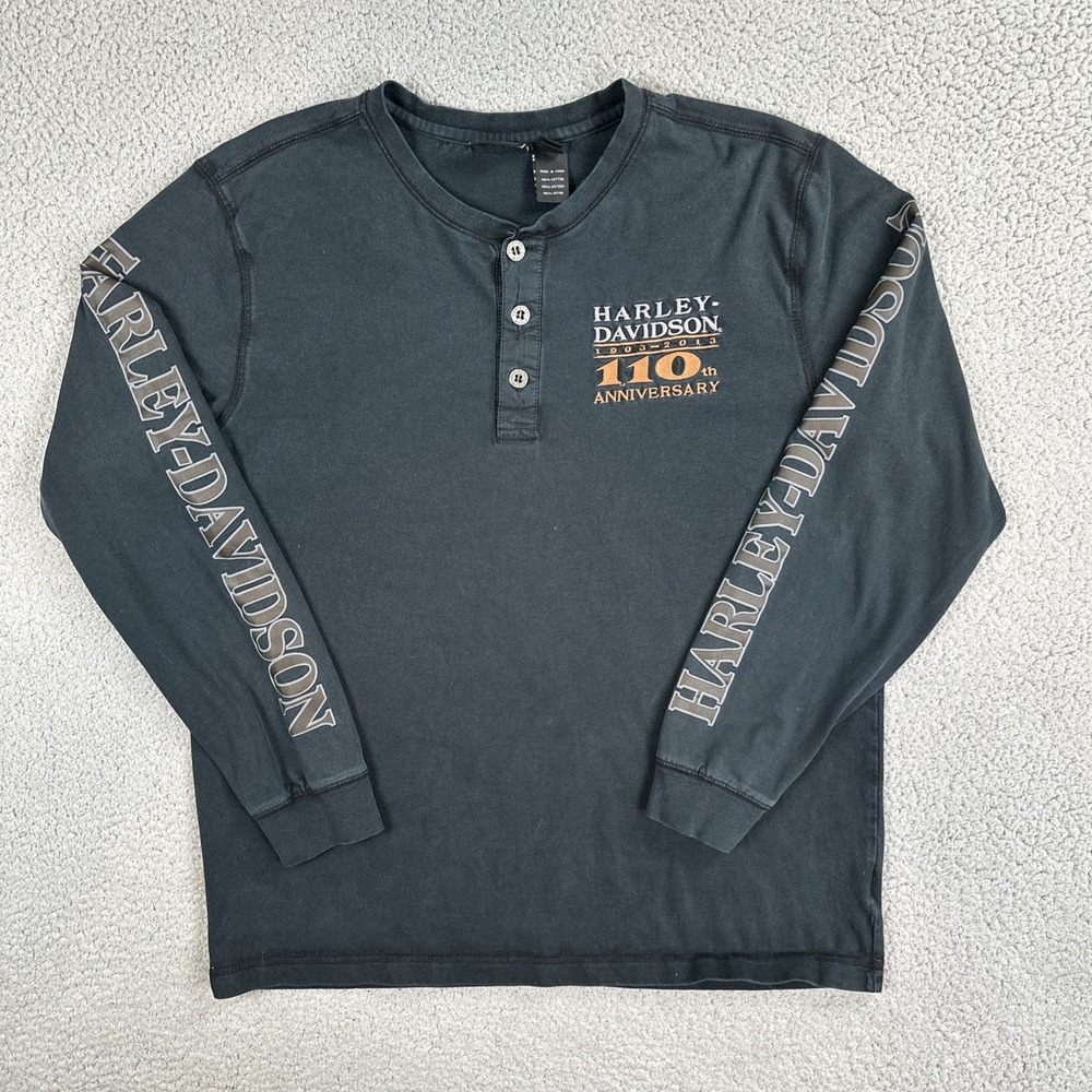 Harley-Davidson Henley T-Shirt Men Large Black 110th Anniversary Long Sleeve